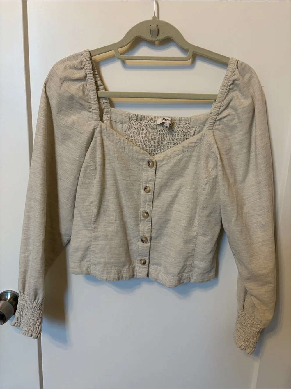 Women’s Cream Button-Front Corduroy Puff Sleeve Top